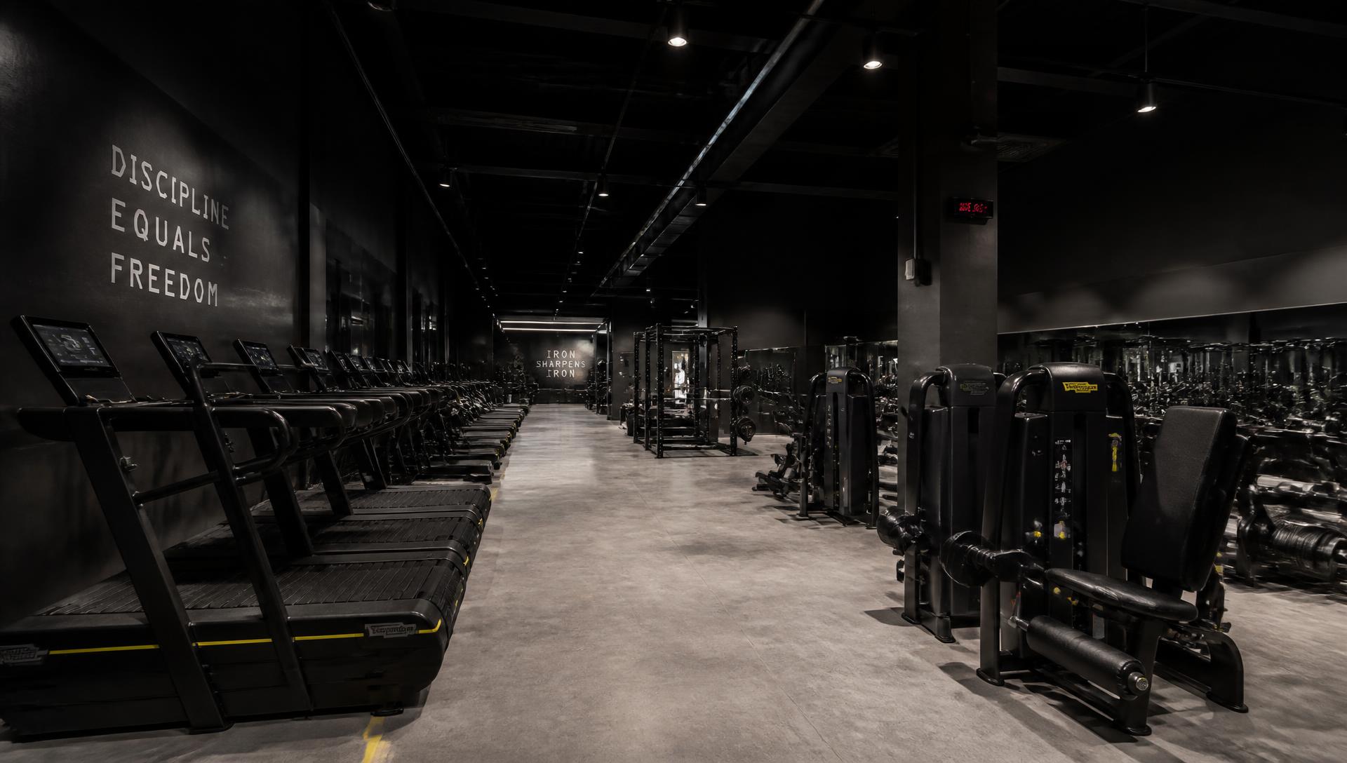 Piso de gimnasio comercial con trotadoras y equipos de fuerza